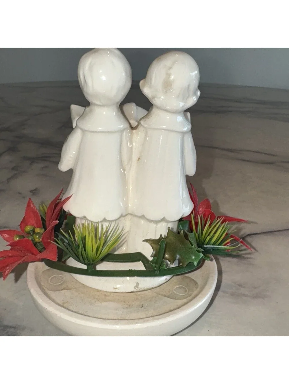 1967 STICKERED Vintage Ceramic Christmas Carolers Poinsettia Footed Figurines